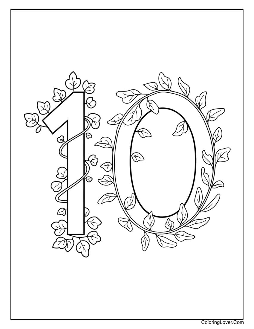 Number 10 coloring page with leafy vines