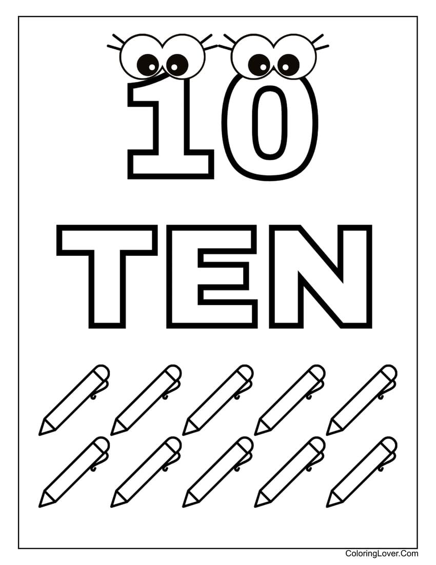 Number 10 coloring page with ten pencils for kids