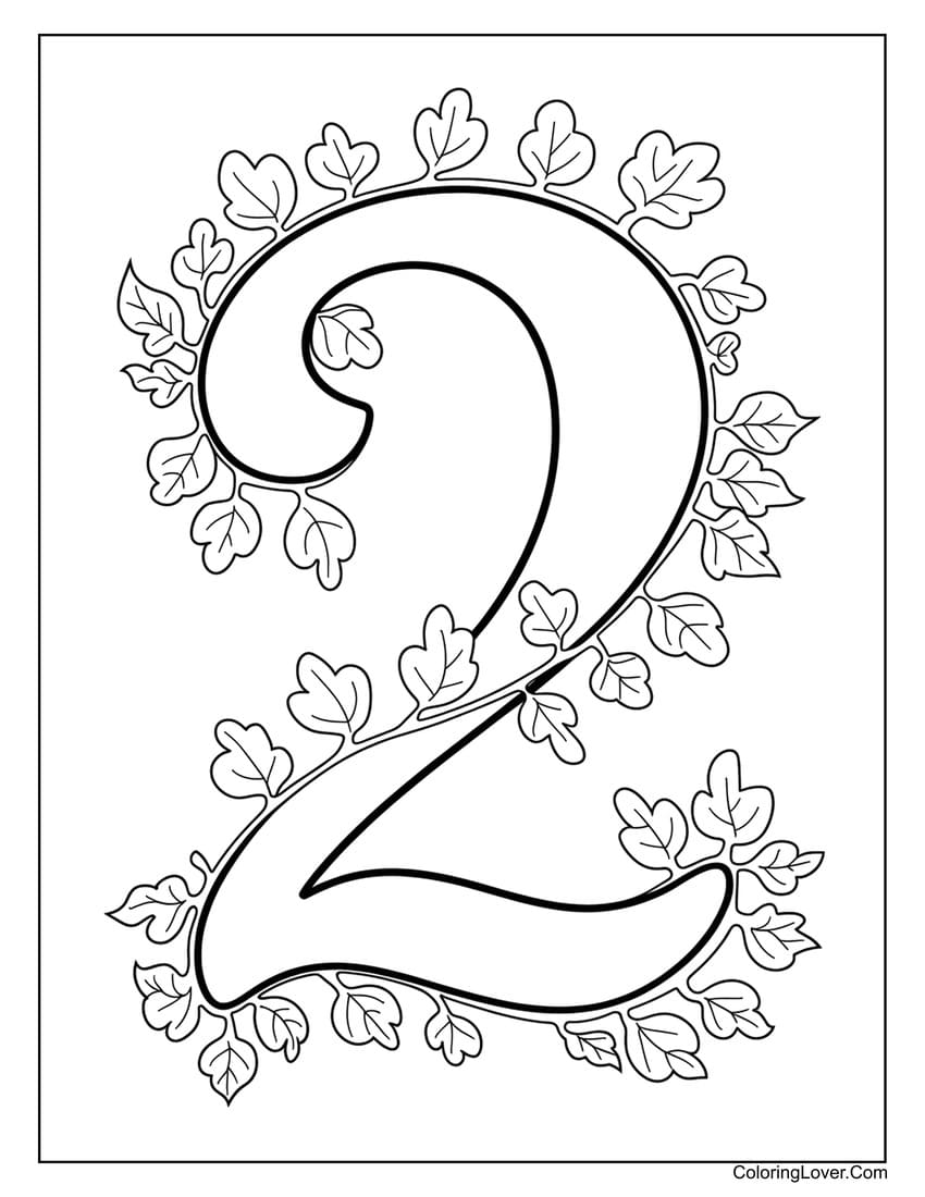 Number 2 coloring page with leafy vines
