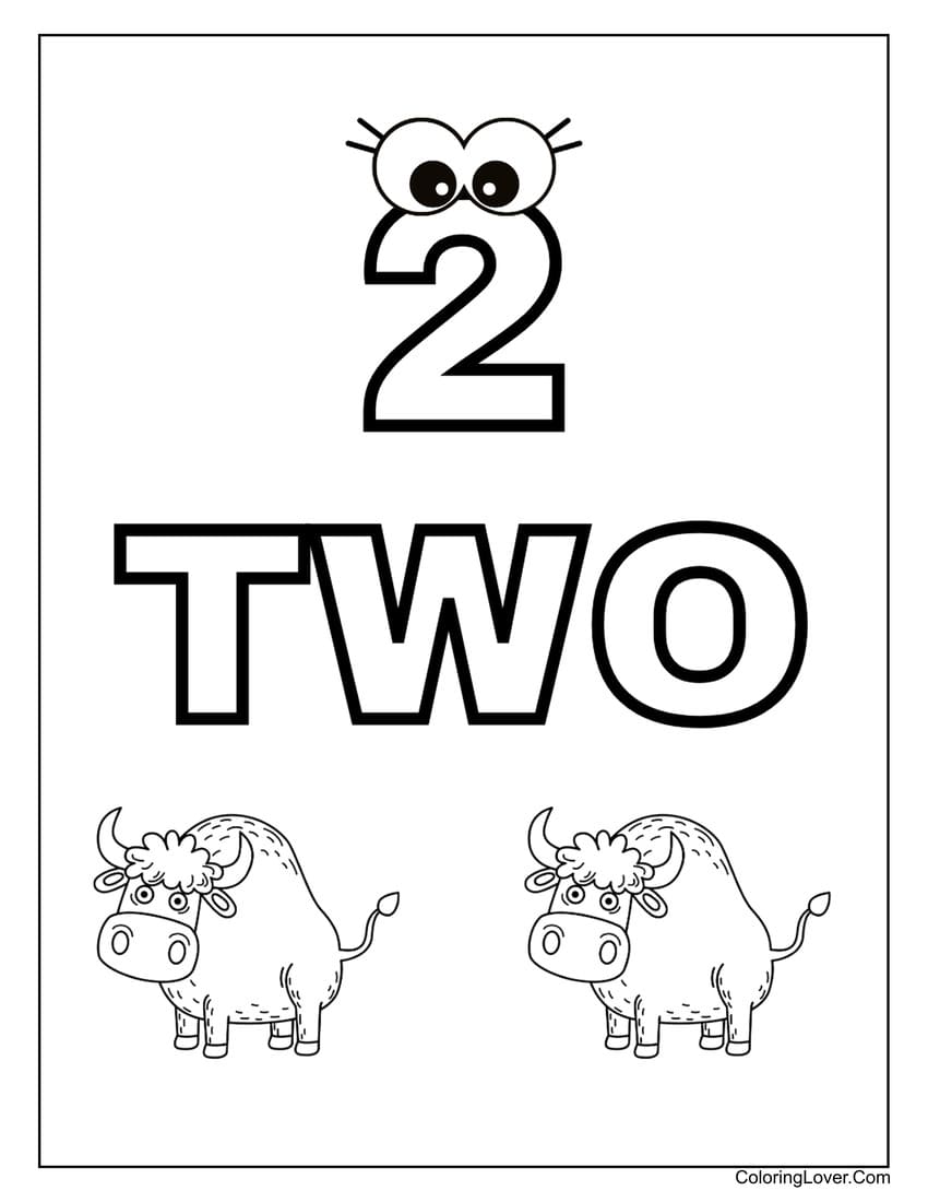 Number 2 coloring page with two bulls  for kids