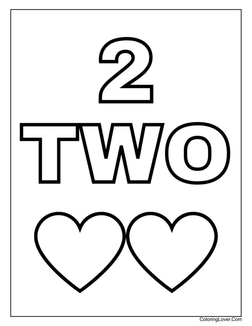 Number 2 coloring page with two hearts for preschoolers
