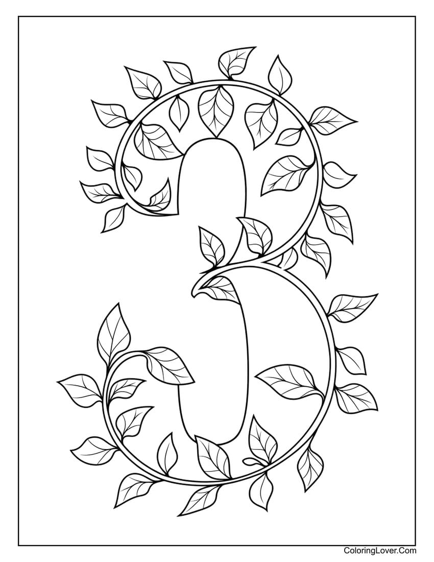 Number 3 coloring page with leafy vines
