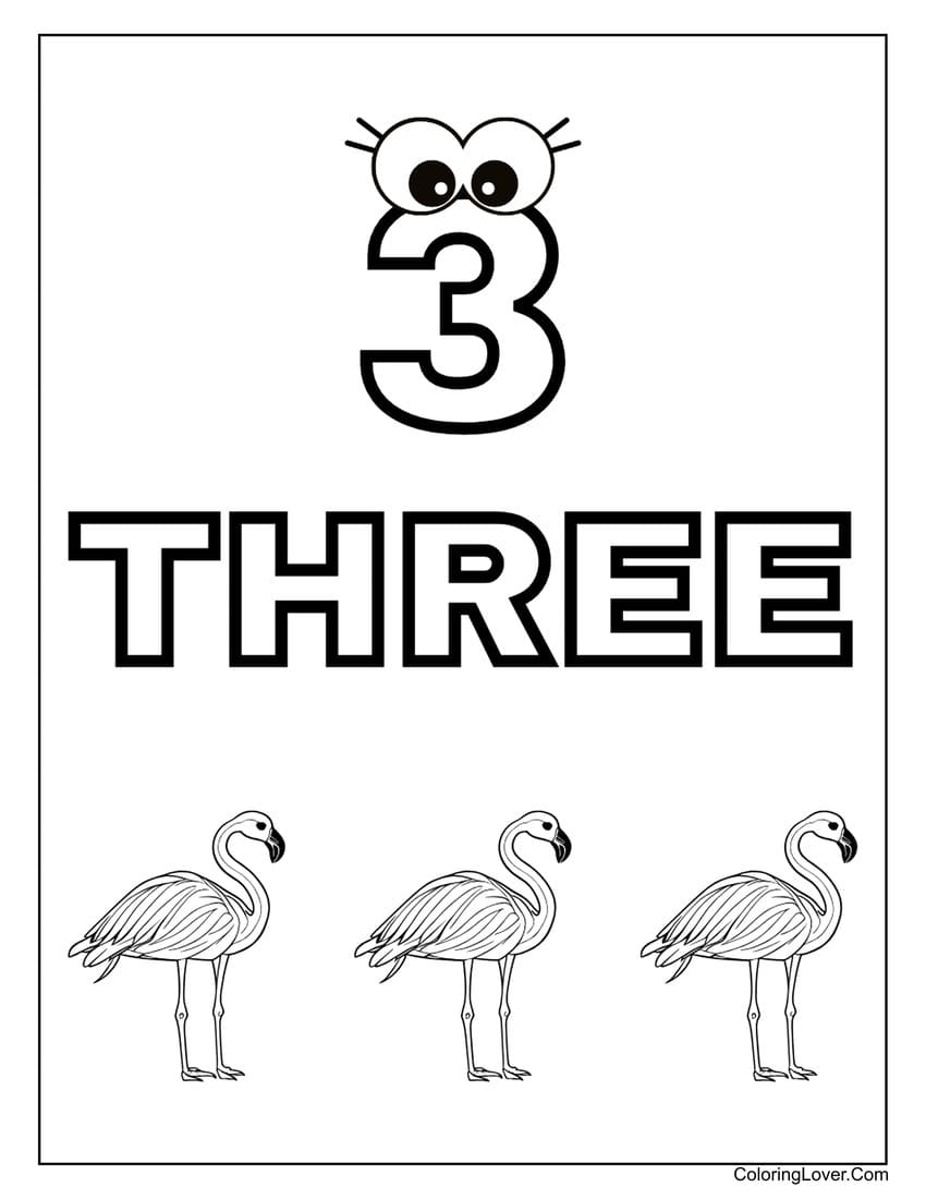 Number 3 coloring page with three flamingos for kids