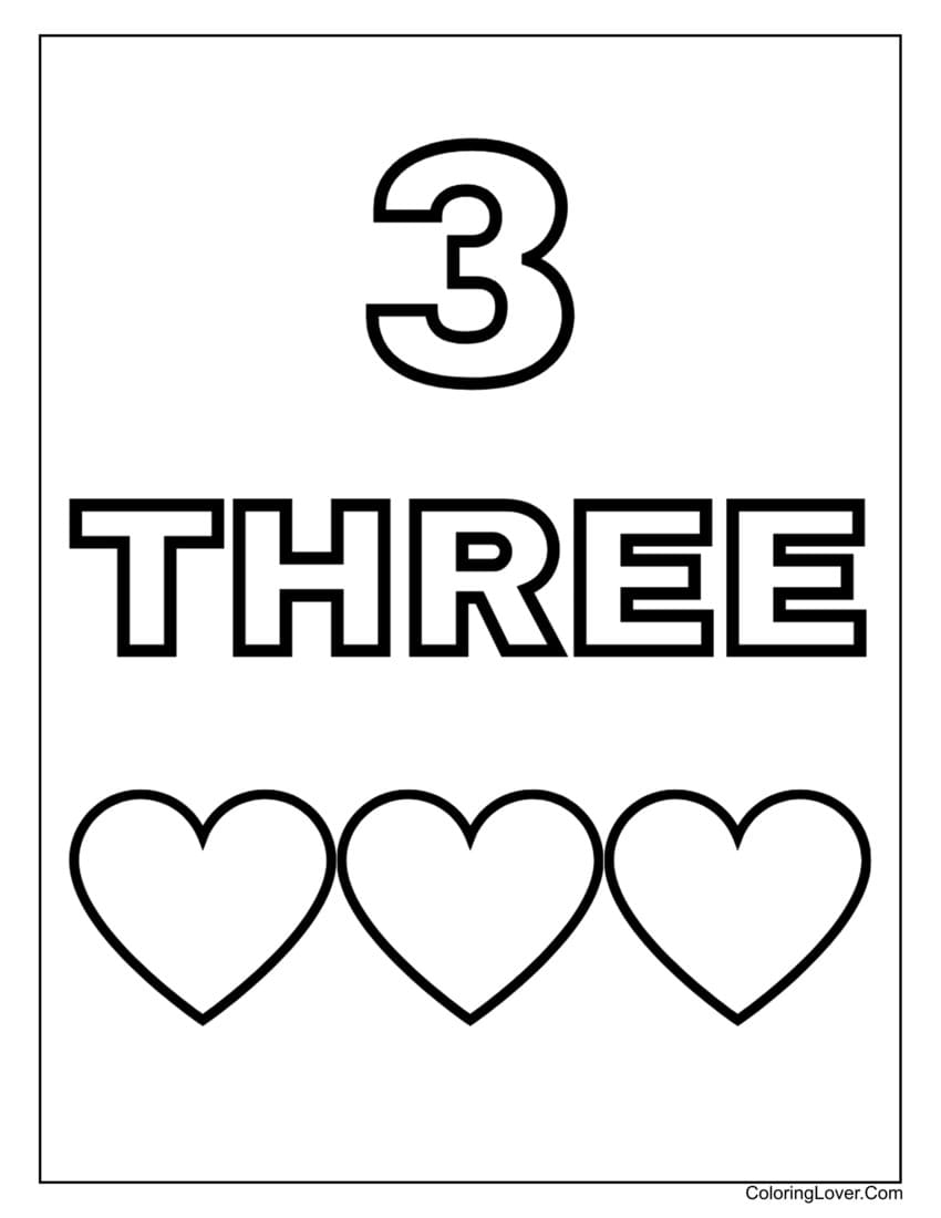 Number 3 coloring page with three hearts for preschoolers
