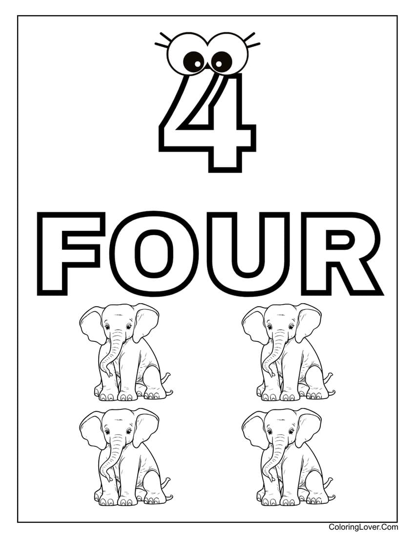 Number 4 coloring page with four elephants for kids