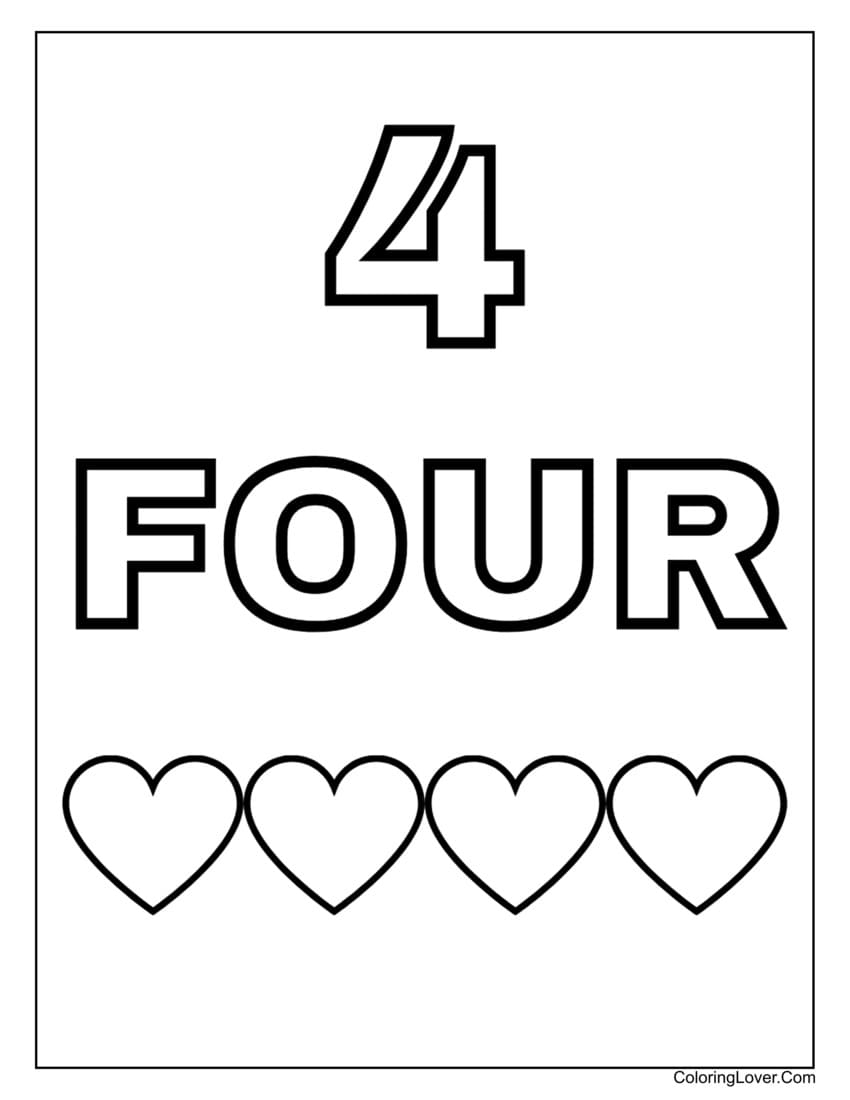 Number 4 coloring page with four hearts for preschoolers
