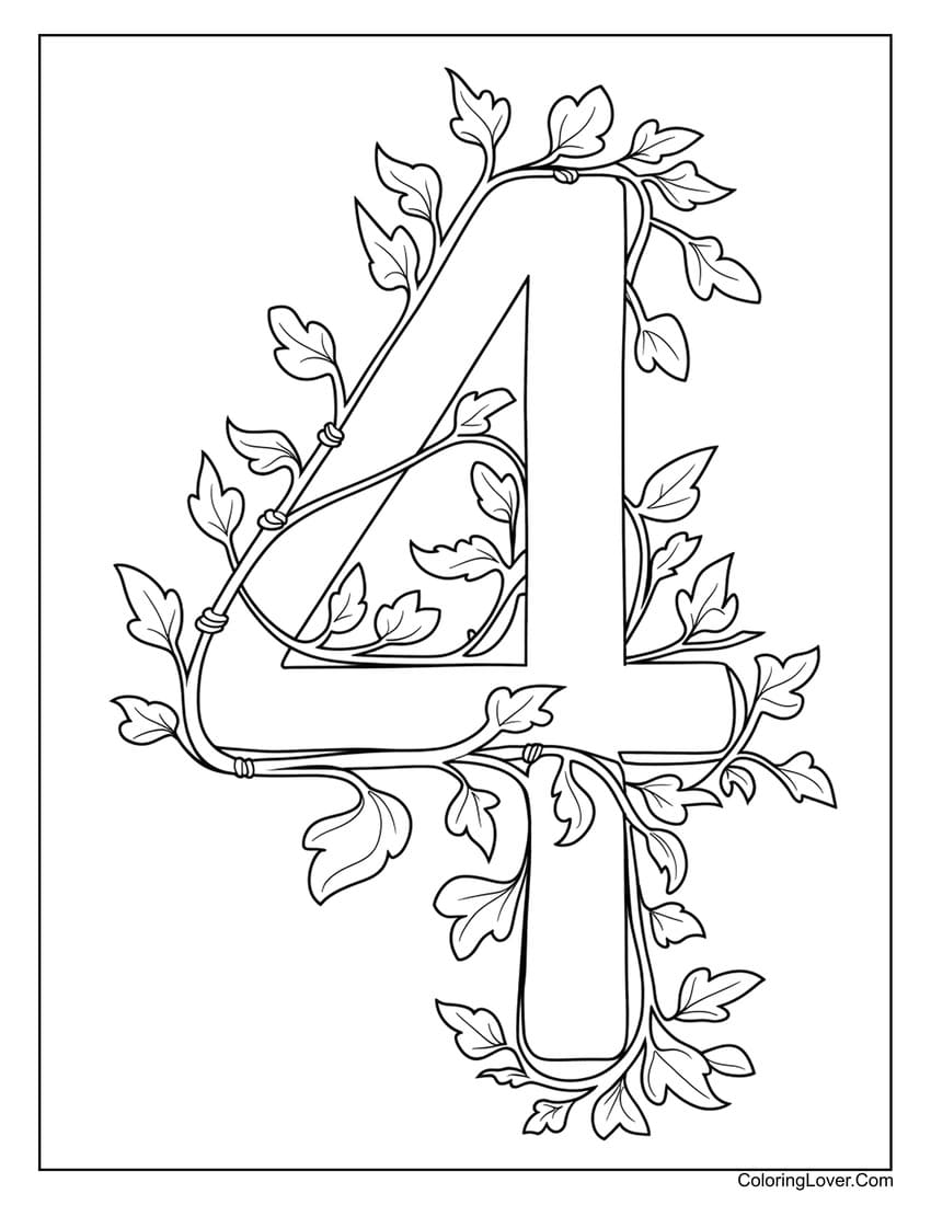 Number 4 coloring page with leafy vines