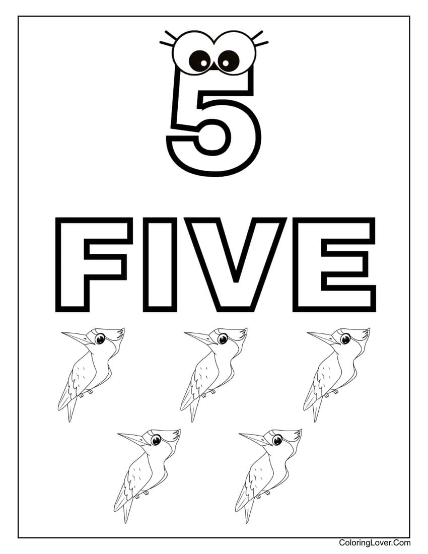 Number 5 coloring page with five birds for kids