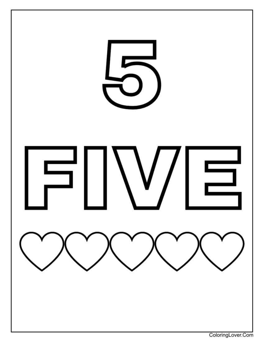 Number 5 coloring page with five hearts for preschoolers
