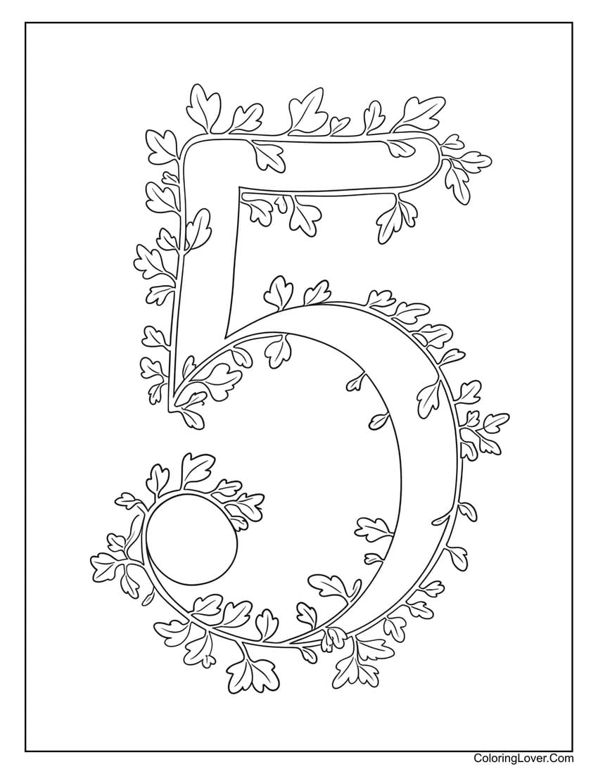 Number 5 coloring page with leafy vines