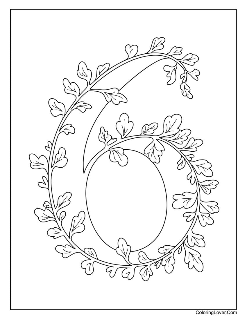 Number 6 coloring page with leafy vines