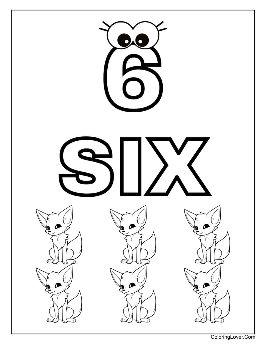 Number 6 coloring page with six foxes for kids