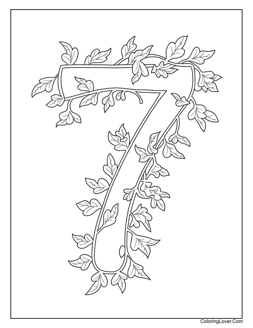 Number 7 coloring page with leafy vines