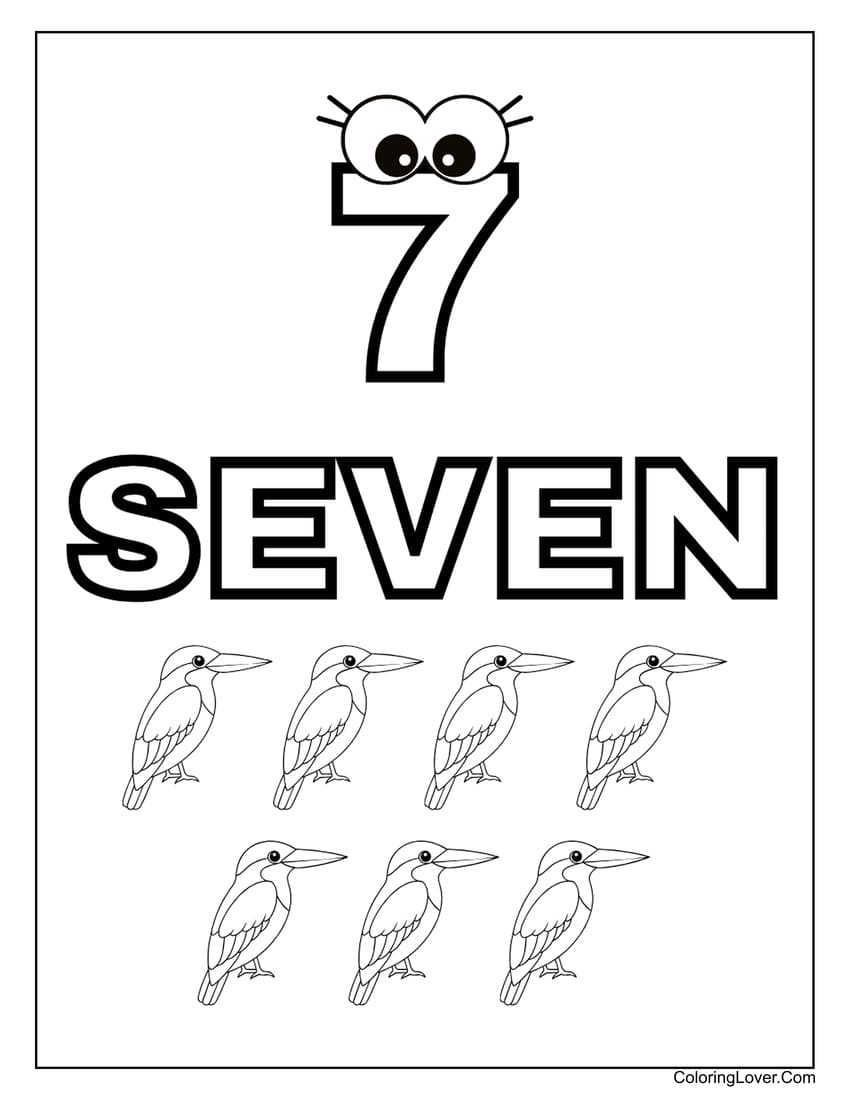 Number 7 coloring page with seven crow for kids