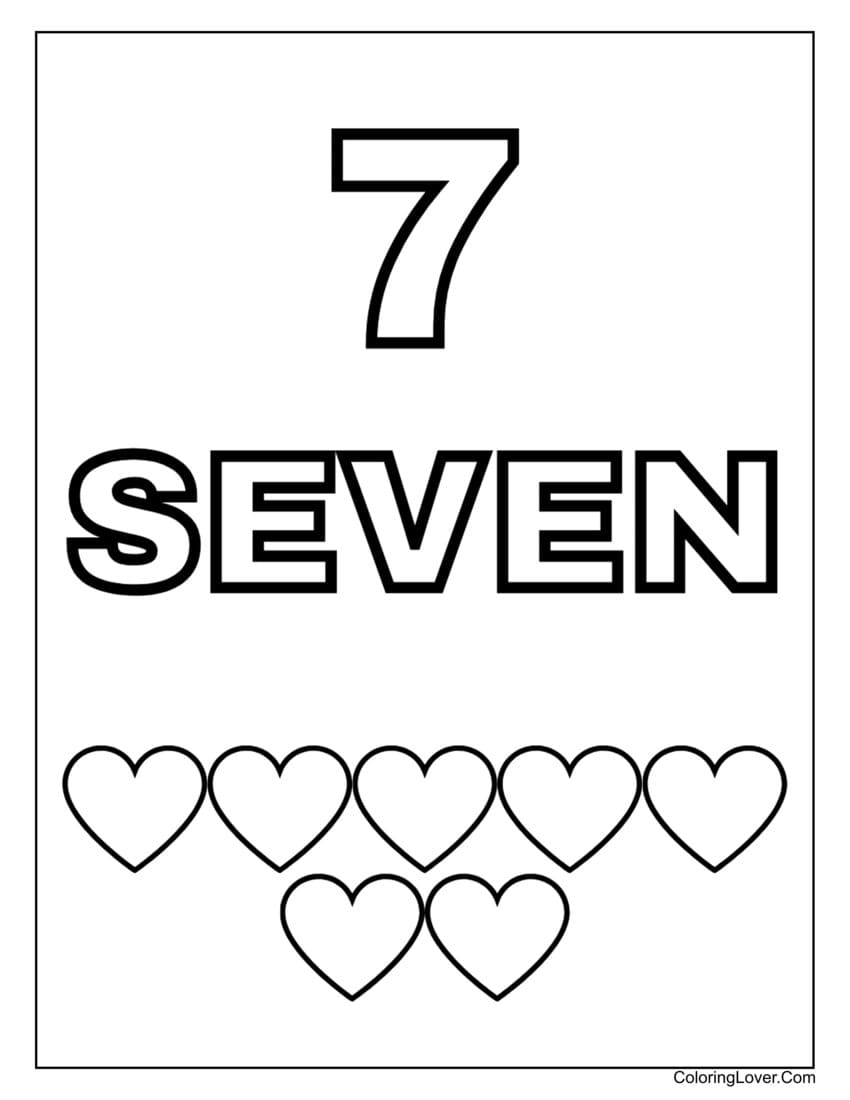 Number 7 coloring page with seven hearts for early preschoolers
