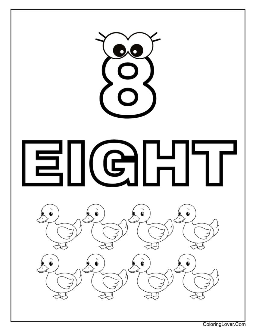 Number 8 coloring page with eight ducks for kids