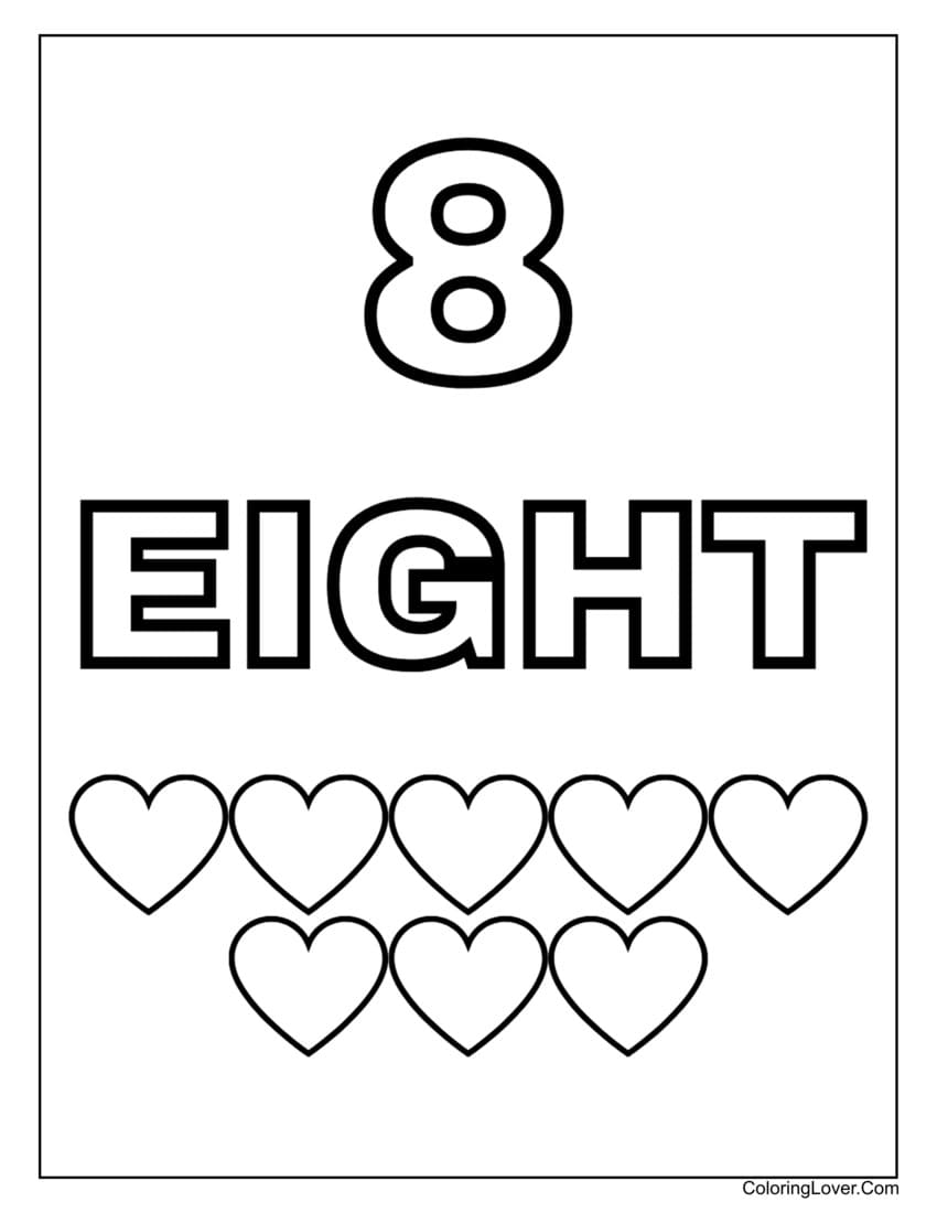 Number 8 coloring page with eight hearts for early preschoolers
