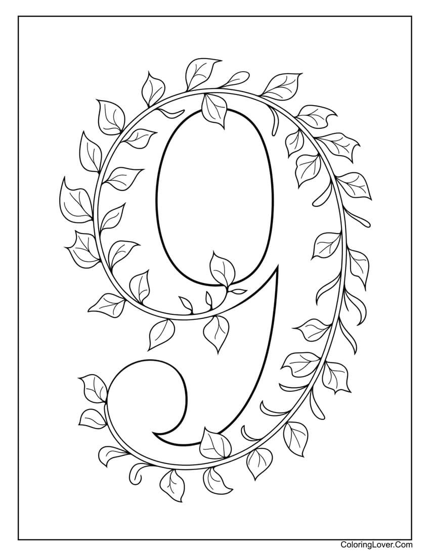 Number 9 coloring page with leafy vines