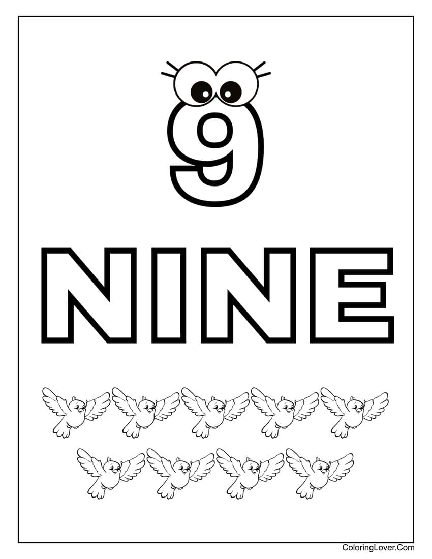 Number 9 coloring page with nine doves for kids