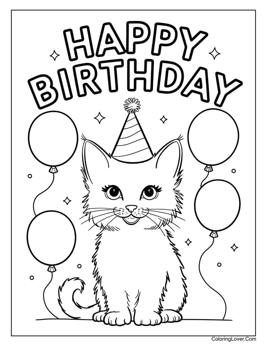 Party cat with balloons birthday coloring page