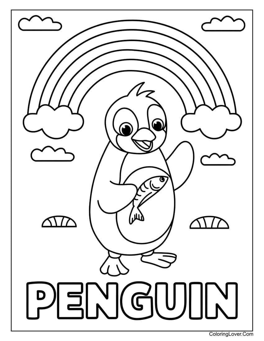 Penguin holding fish under rainbow coloring page