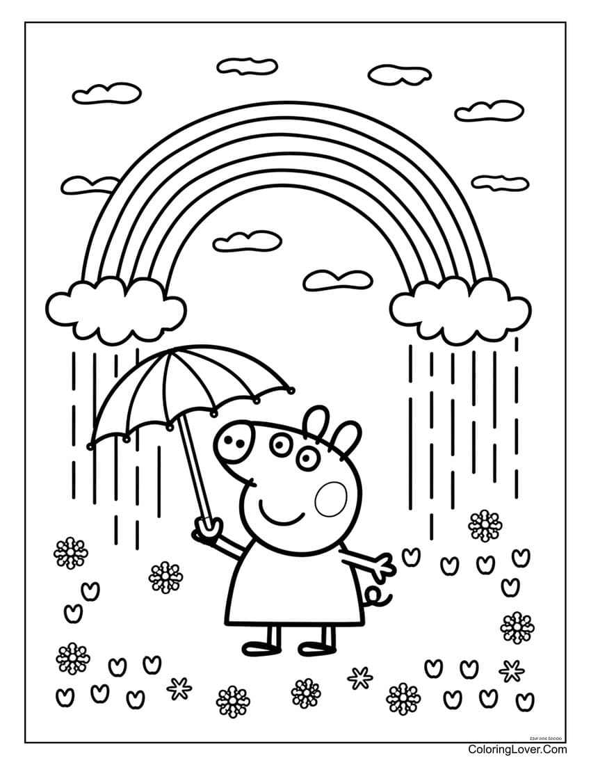 Peppa Pig holding umbrella under rainbow coloring page