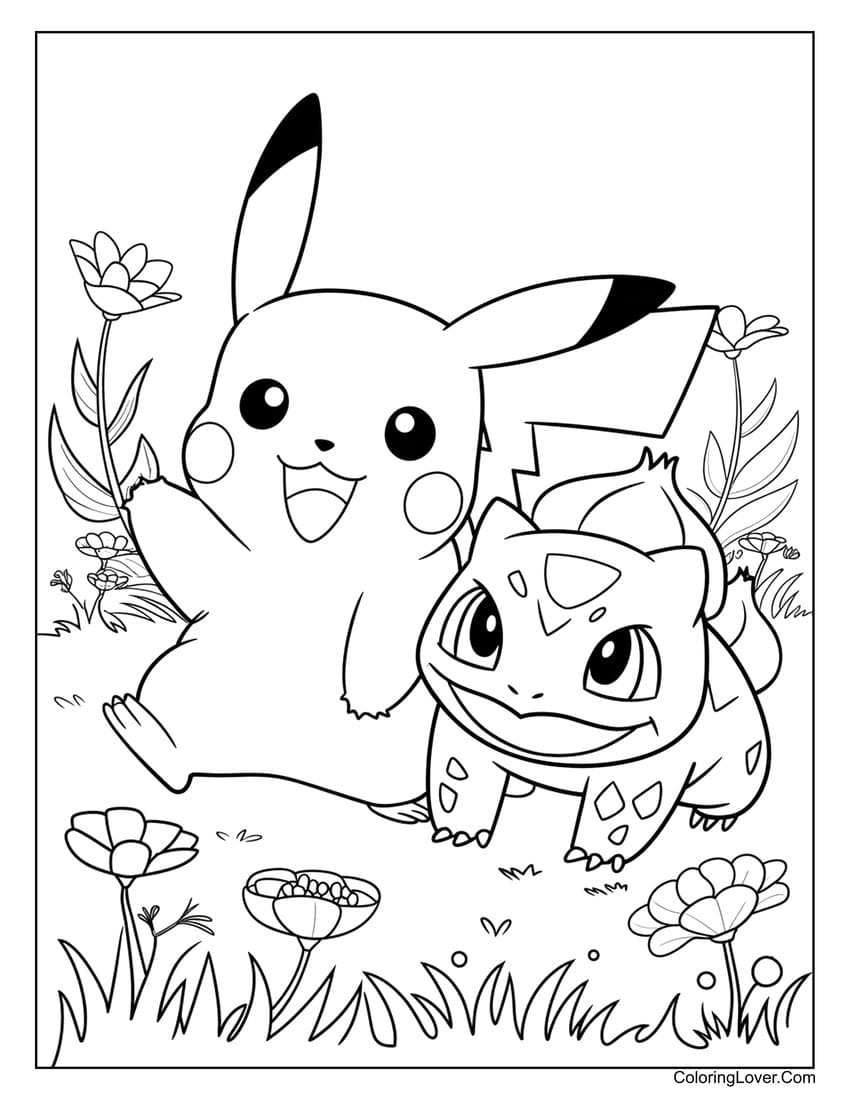 pikachu and bulbasaur in field coloring sheet