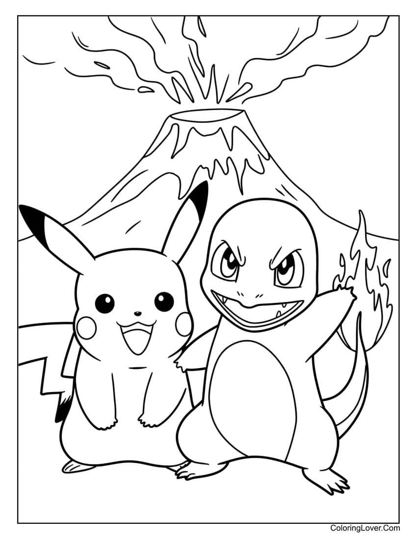 pikachu and charmander volcano scene coloring page