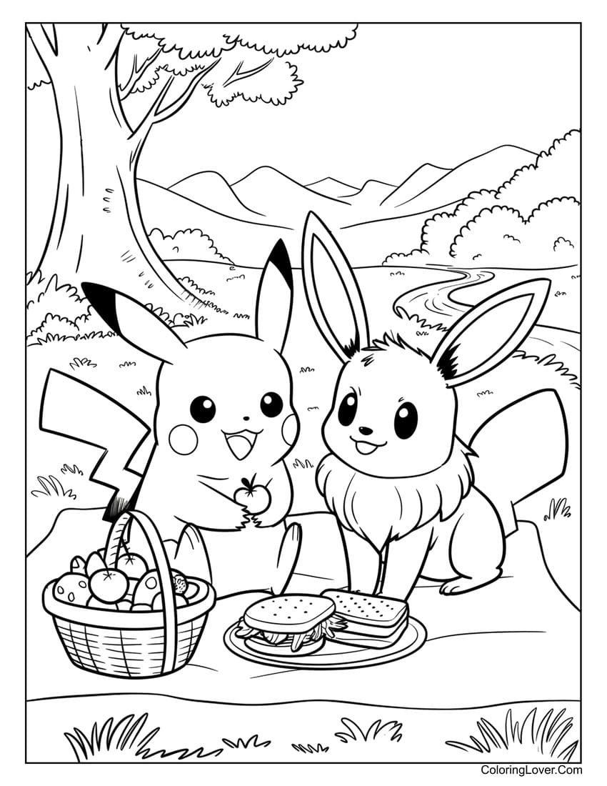 pikachu and eevee having picnic coloring page