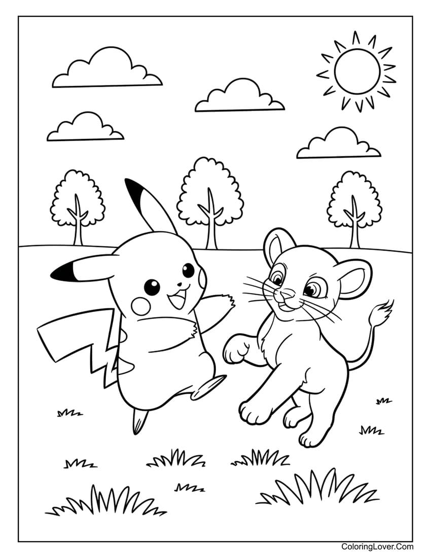 pikachu and lion cub playing coloring page