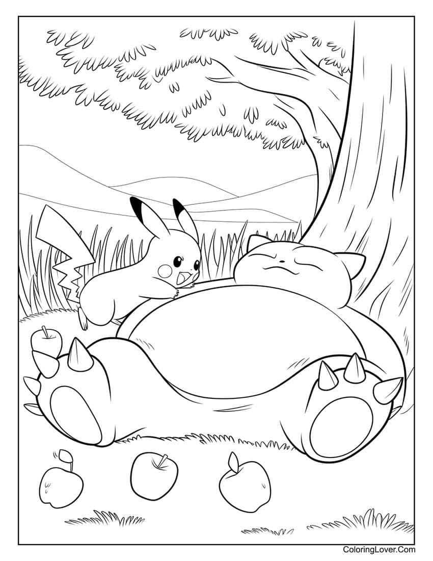 pikachu and snorlax under tree coloring page