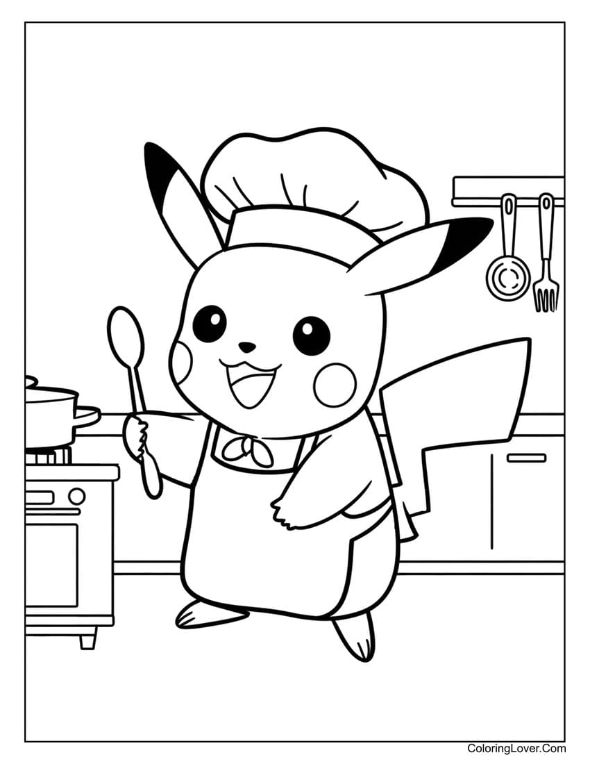 pikachu as a chef cooking coloring page