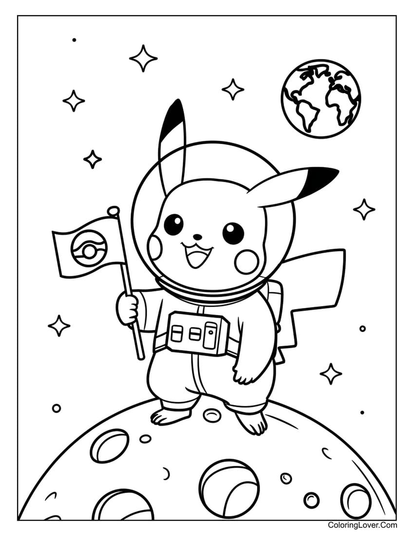 pikachu as astronaut on the moon coloring page