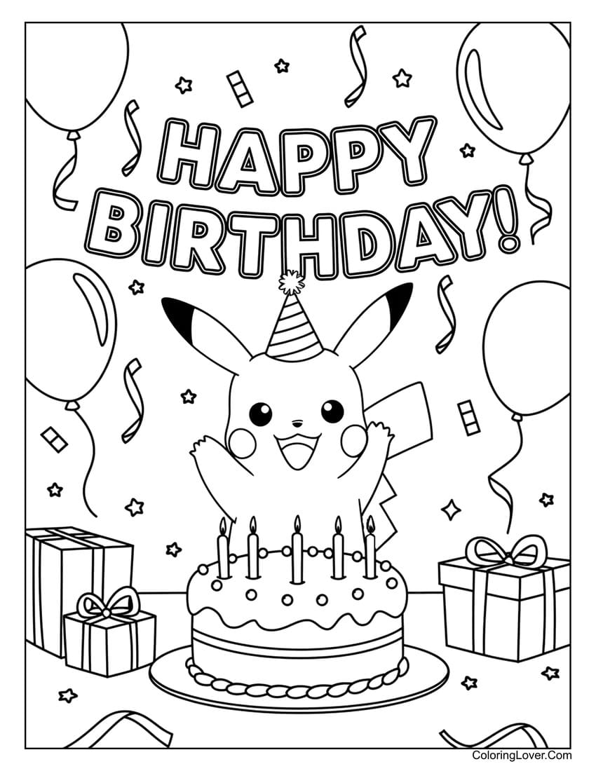 Pikachu birthday cake coloring page