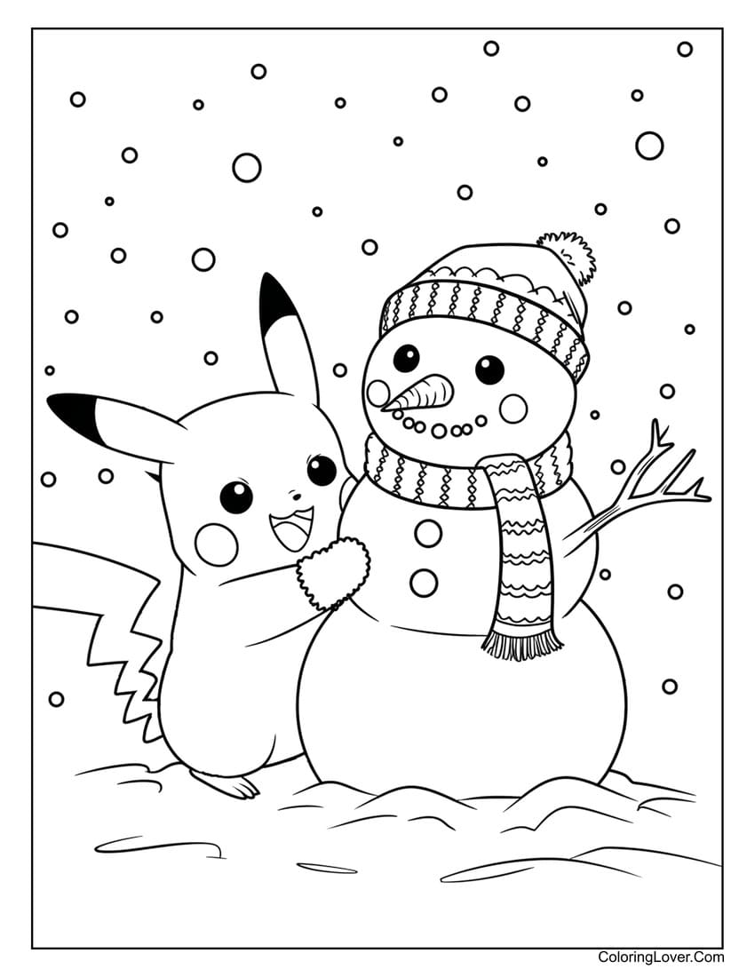 pikachu building snowman coloring page