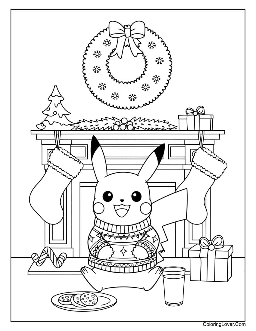 pikachu by fireplace with christmas sweater coloring page