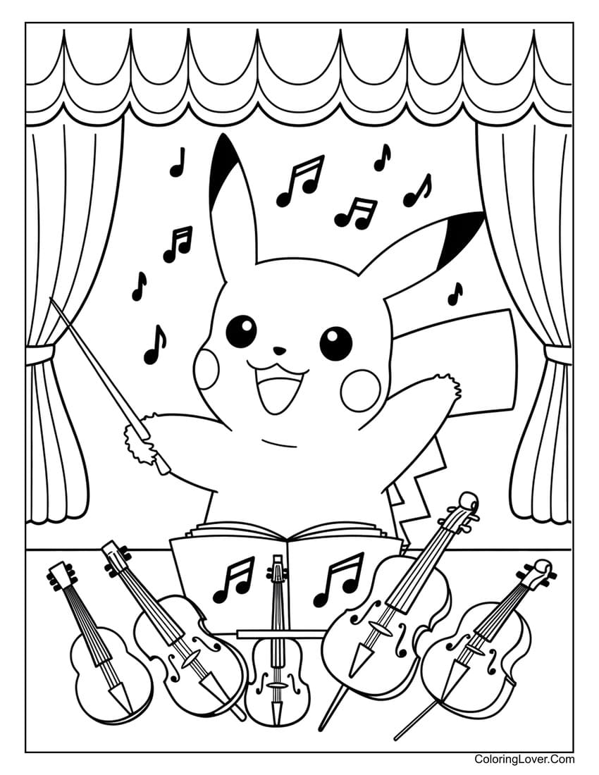 Pikachu conducting an orchestra coloring page for kids