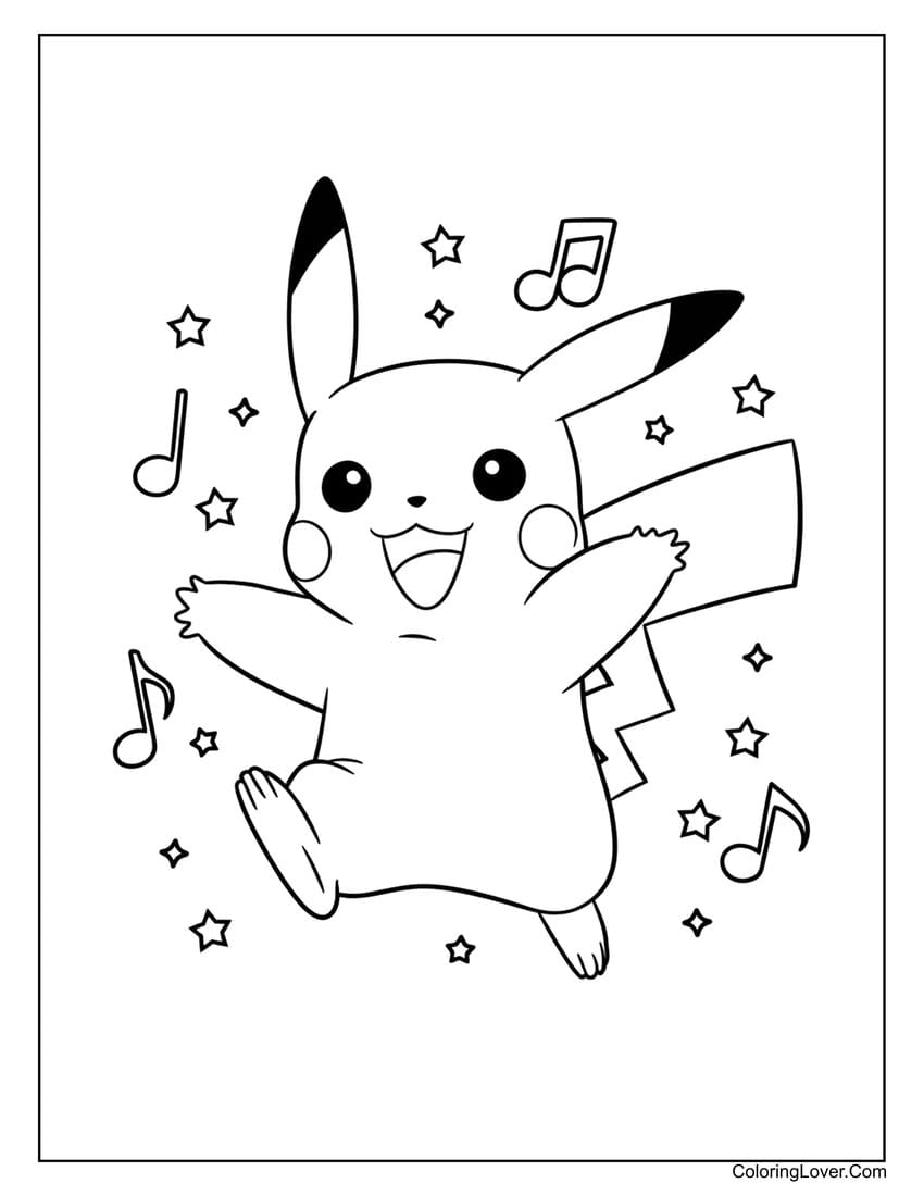 Pikachu dancing with music notes coloring page