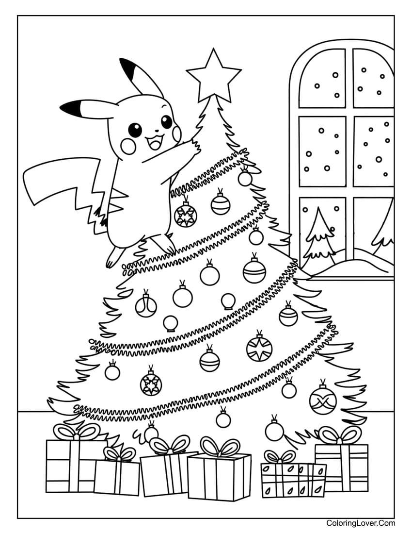 pikachu decorating christmas tree coloring page