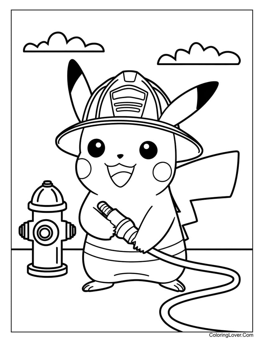 pikachu firefighter holding hose coloring page