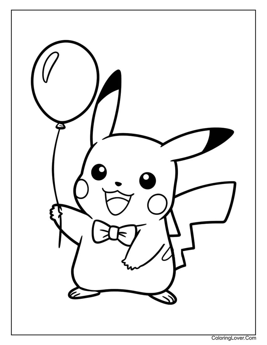 pikachu holding balloon coloring page for kids