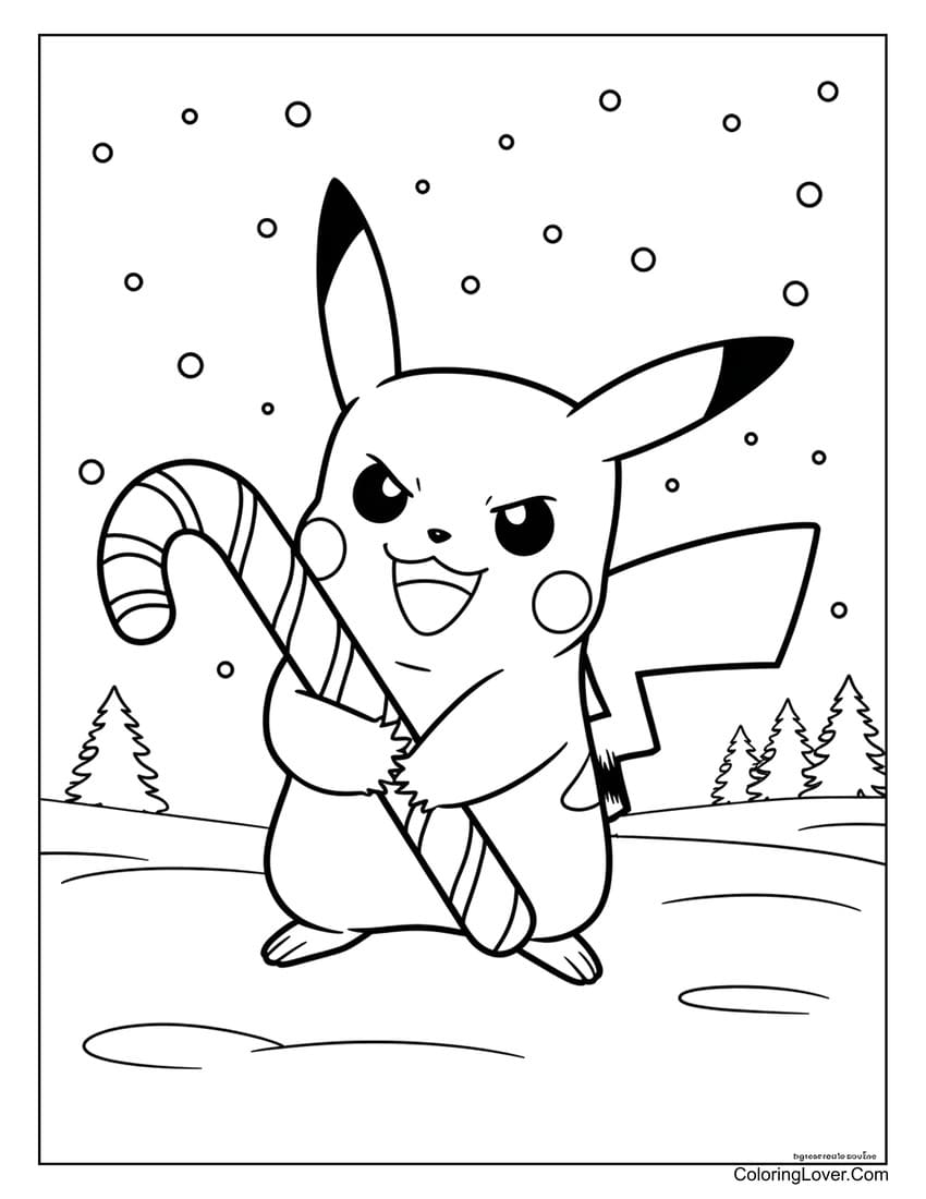 pikachu holding candy cane coloring page