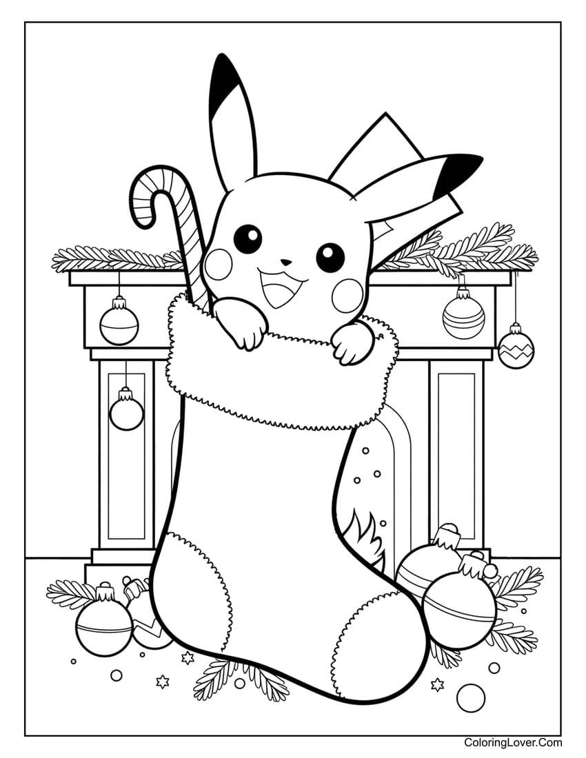 pikachu in christmas stocking coloring page for kids