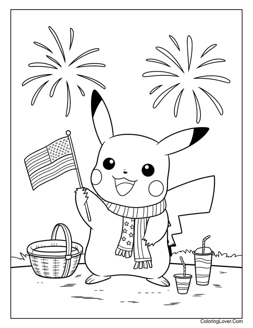 Pikachu Independence Day fireworks coloring page