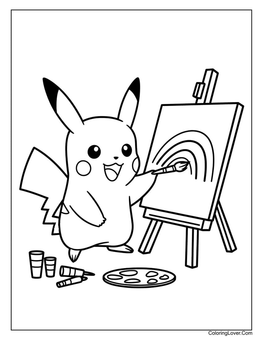 Pikachu painting a rainbow coloring page for kids