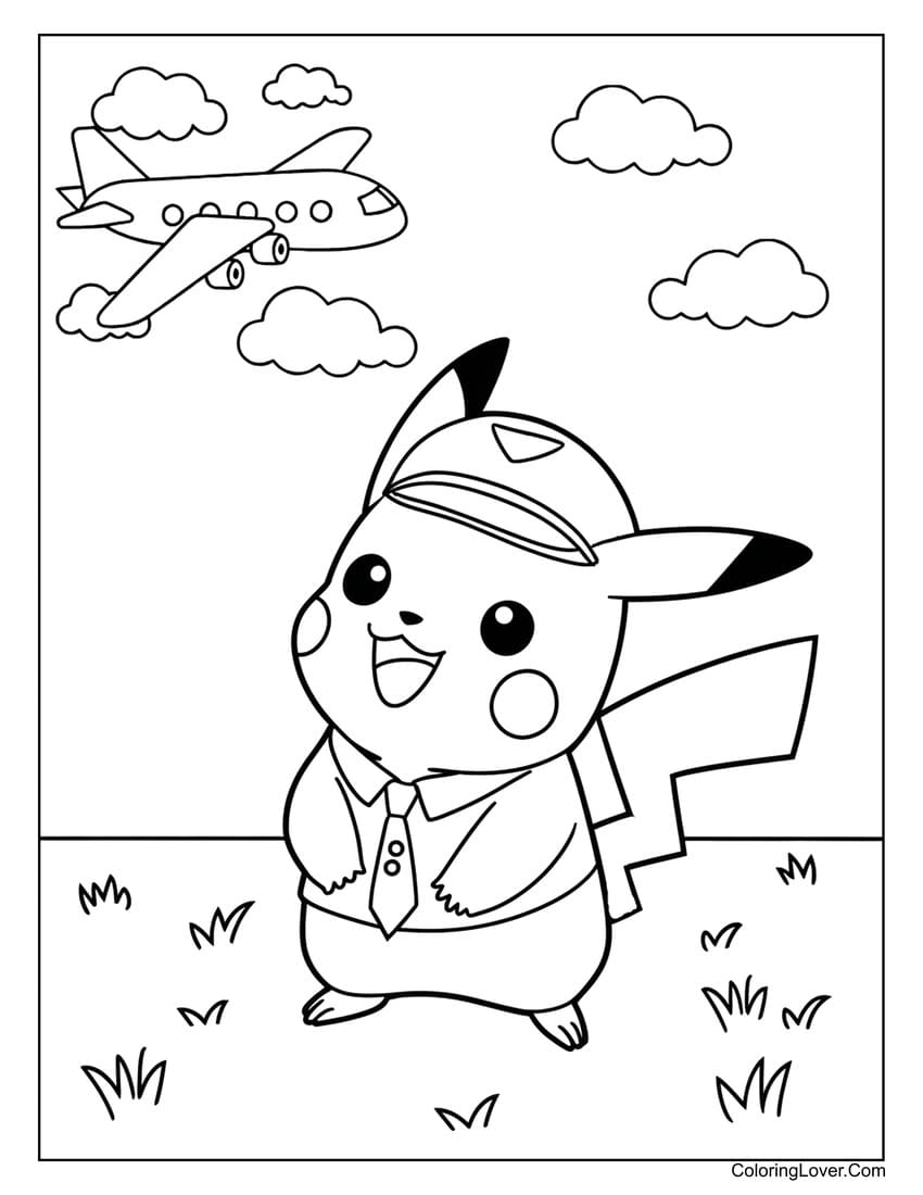 pikachu pilot with airplane coloring page