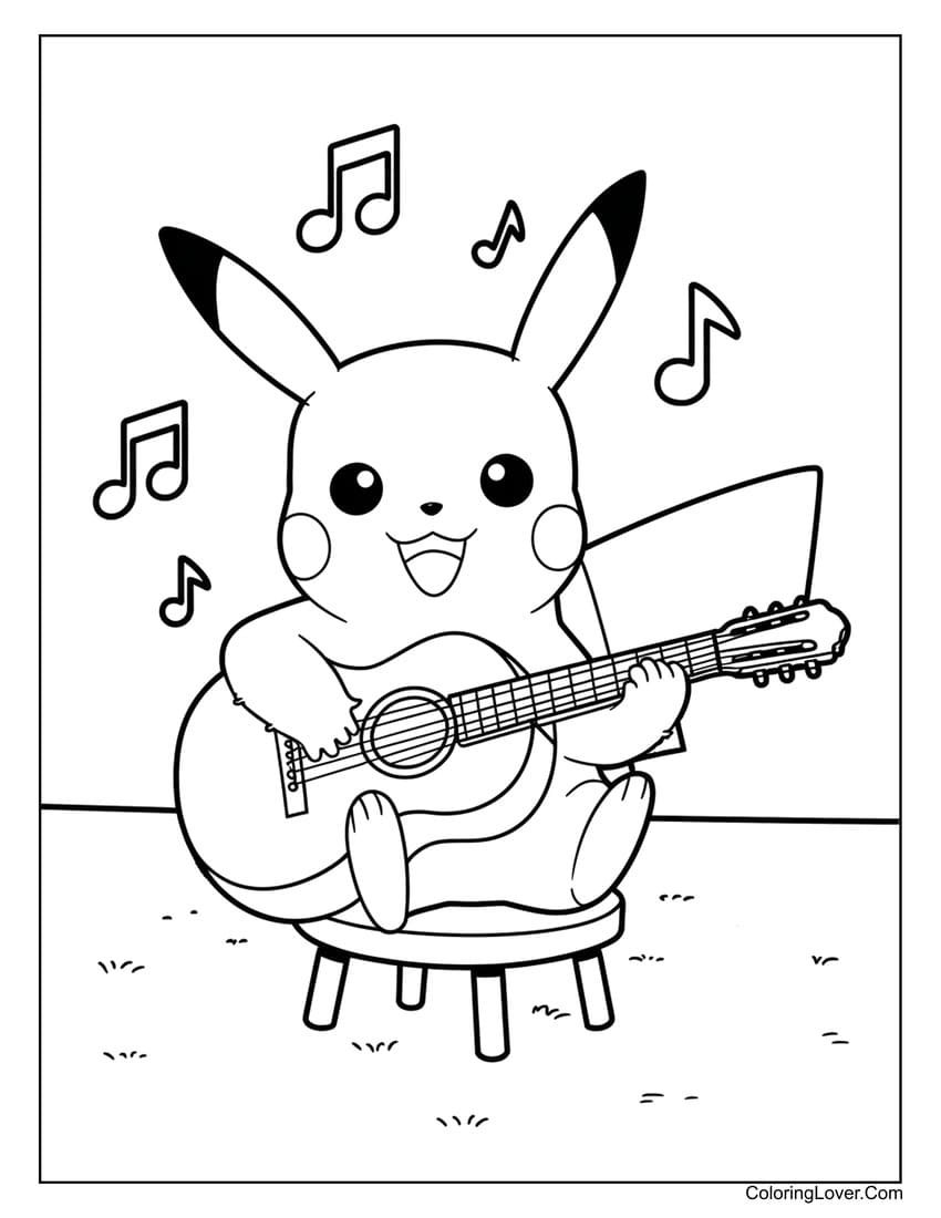 Pikachu playing guitar coloring page for kids