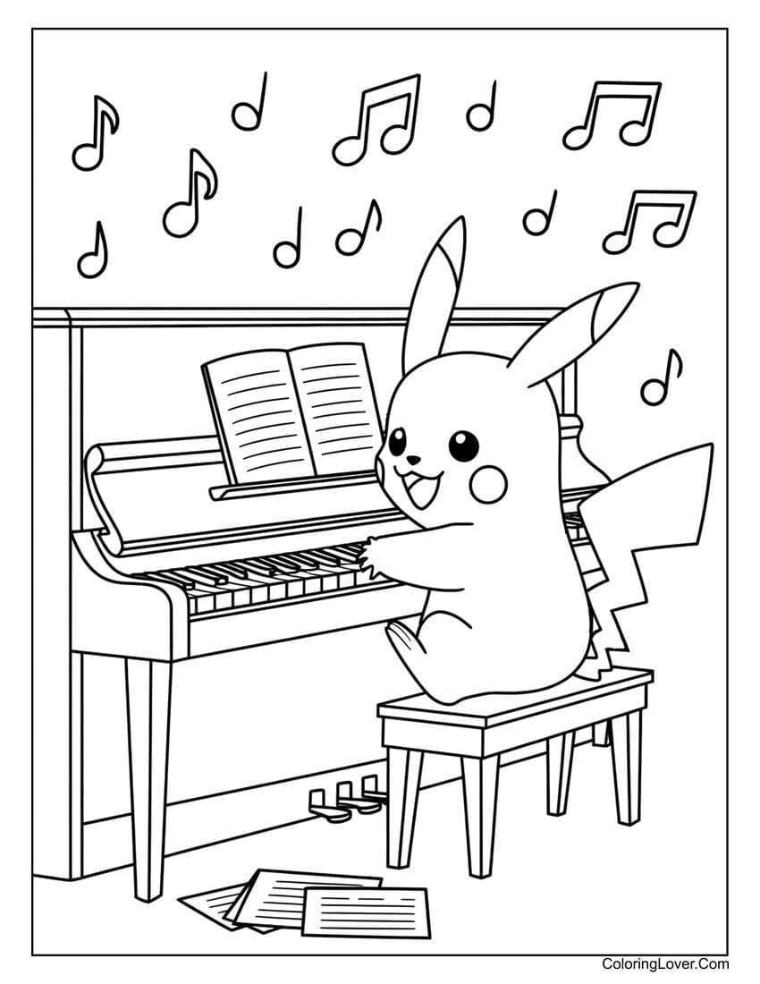 Pikachu playing piano coloring page for kids