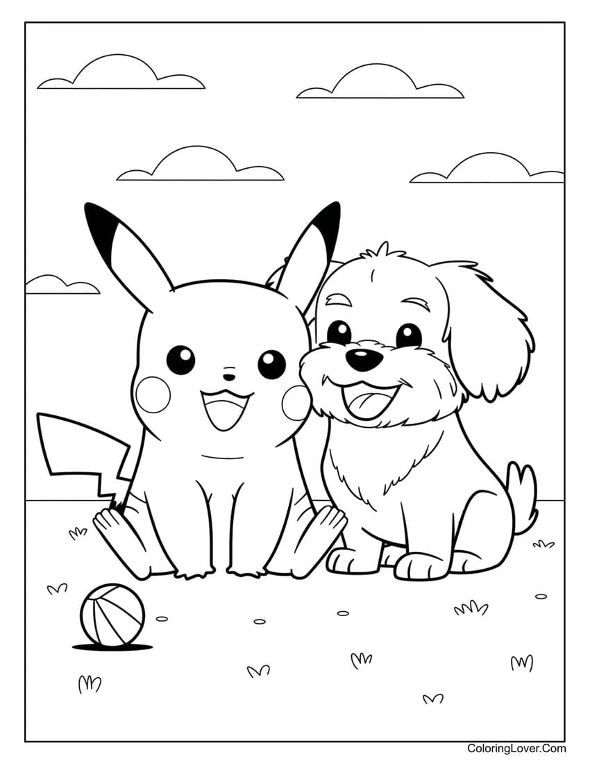 pikachu playing with dog coloring page for kids