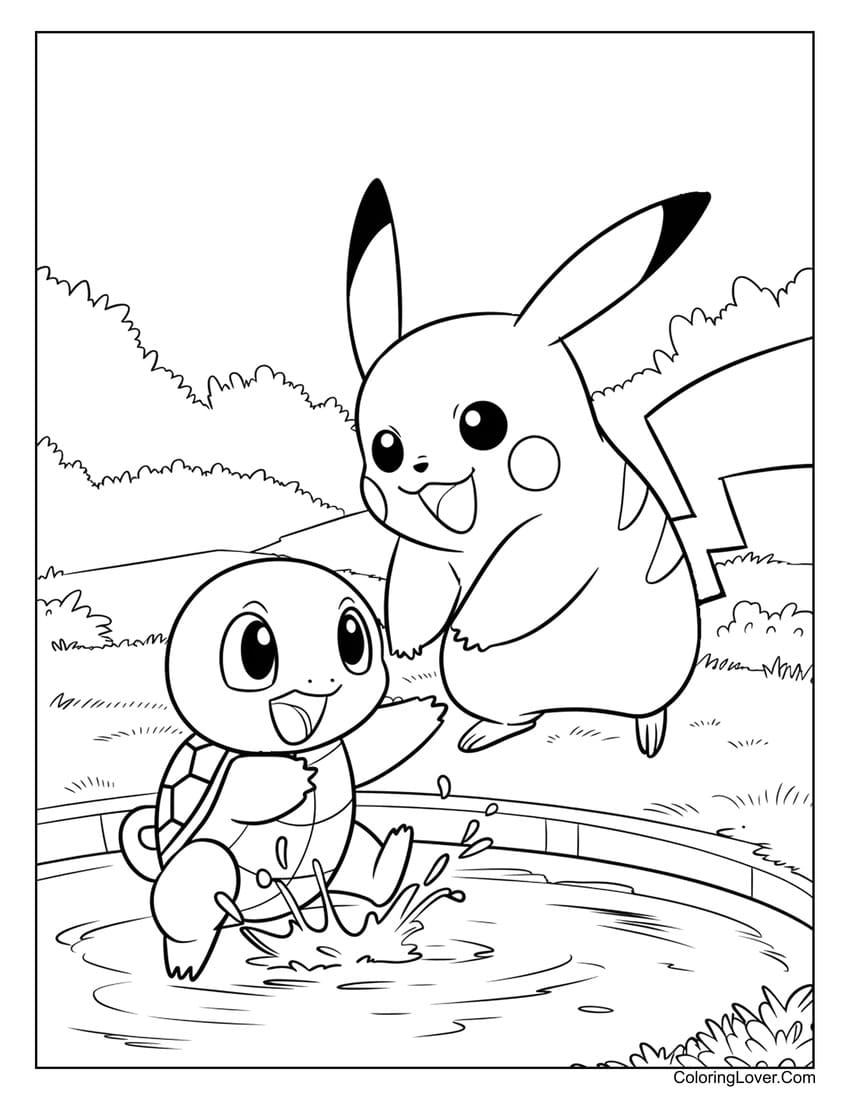 pikachu playing with squirtle coloring page